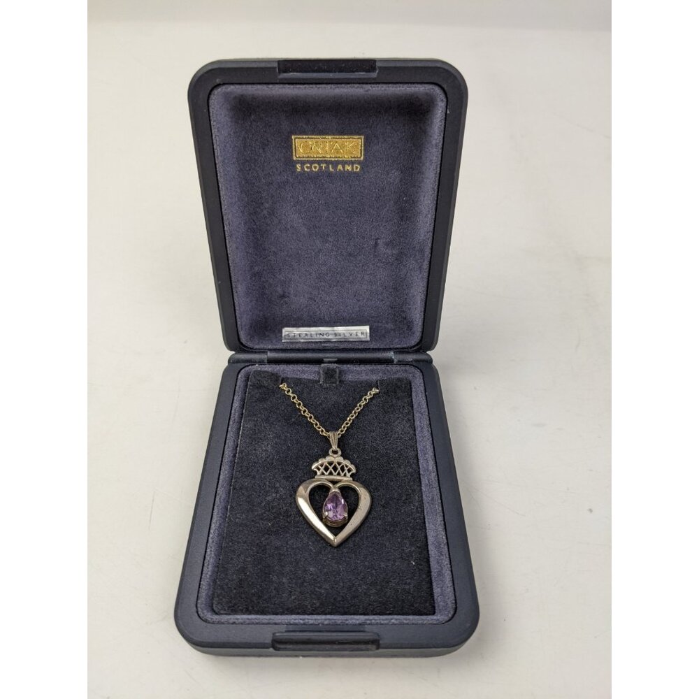 Vintage Ortak Scotland Sterling Silver & Amethyst Crown Heart Pendant Necklace
